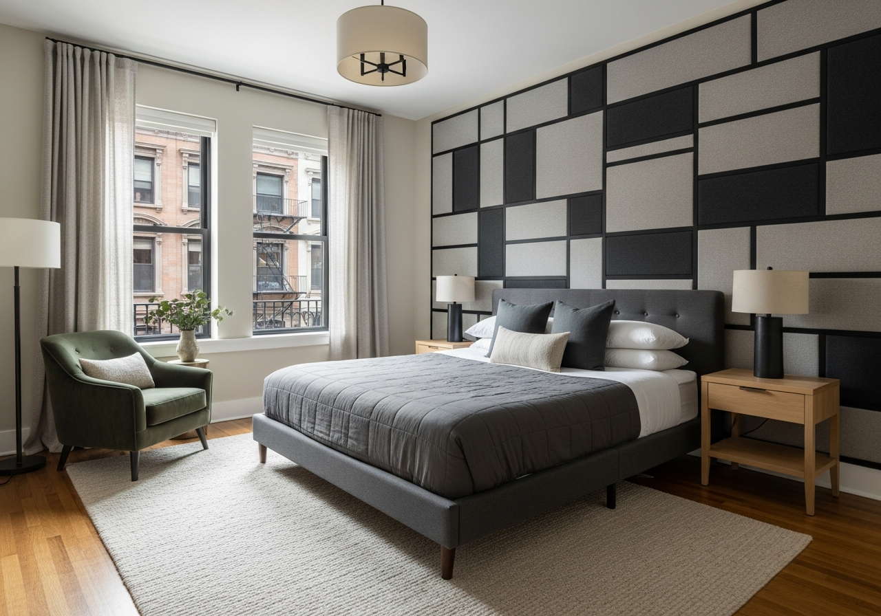 Modern bedroom featuring a geometric acoustic panel wall designed for improved sound control.
